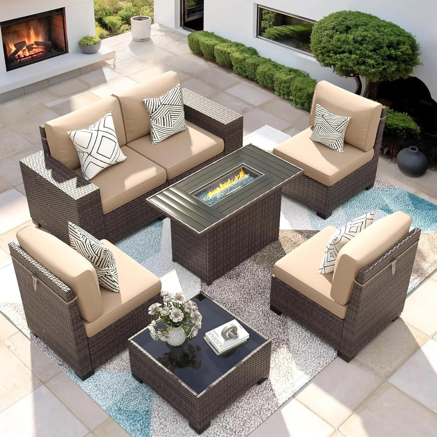 7‑Piece Patio Furniture Set with Fire Pit Table – Wicker Rattan Outdoor Sectional Conversation Set