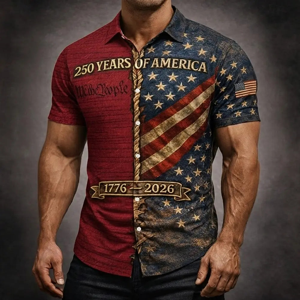 Men's US Flag We The People America's 250th Anniversary Shirt Button Up Shirt Short Sleeve Patriotic Outdoor Summer