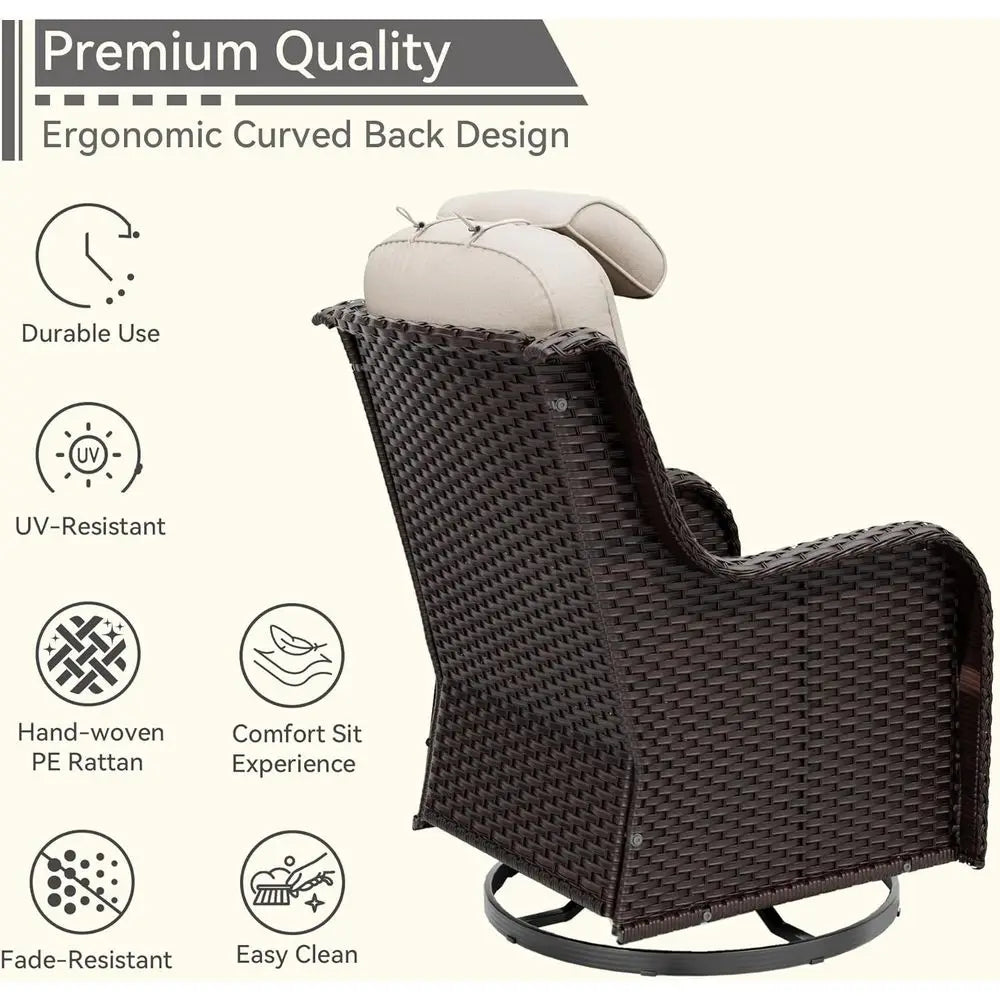 3-Piece High-Back Outdoor Swivel Rocking Chairs Set of 2 with Cushions and Side Table, Brown