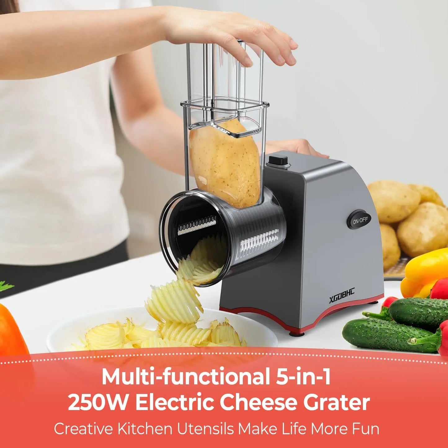 Electric Cheese Grater with 5 Blades, Shredder for Cheeses, Fruits, Nuts - Easy Kitchen Slicer