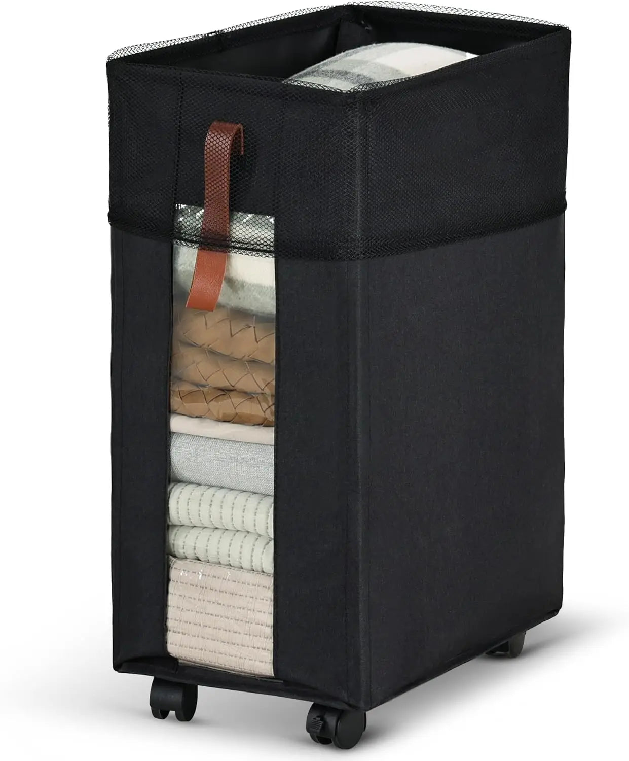 Rolling Laundry Basket with Clear Window, Collapsible and Portable for Home Use, Black
