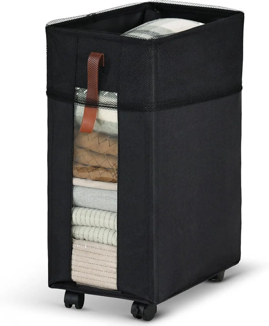 Rolling Laundry Basket with Clear Window, Collapsible and Portable for Home Use, Black