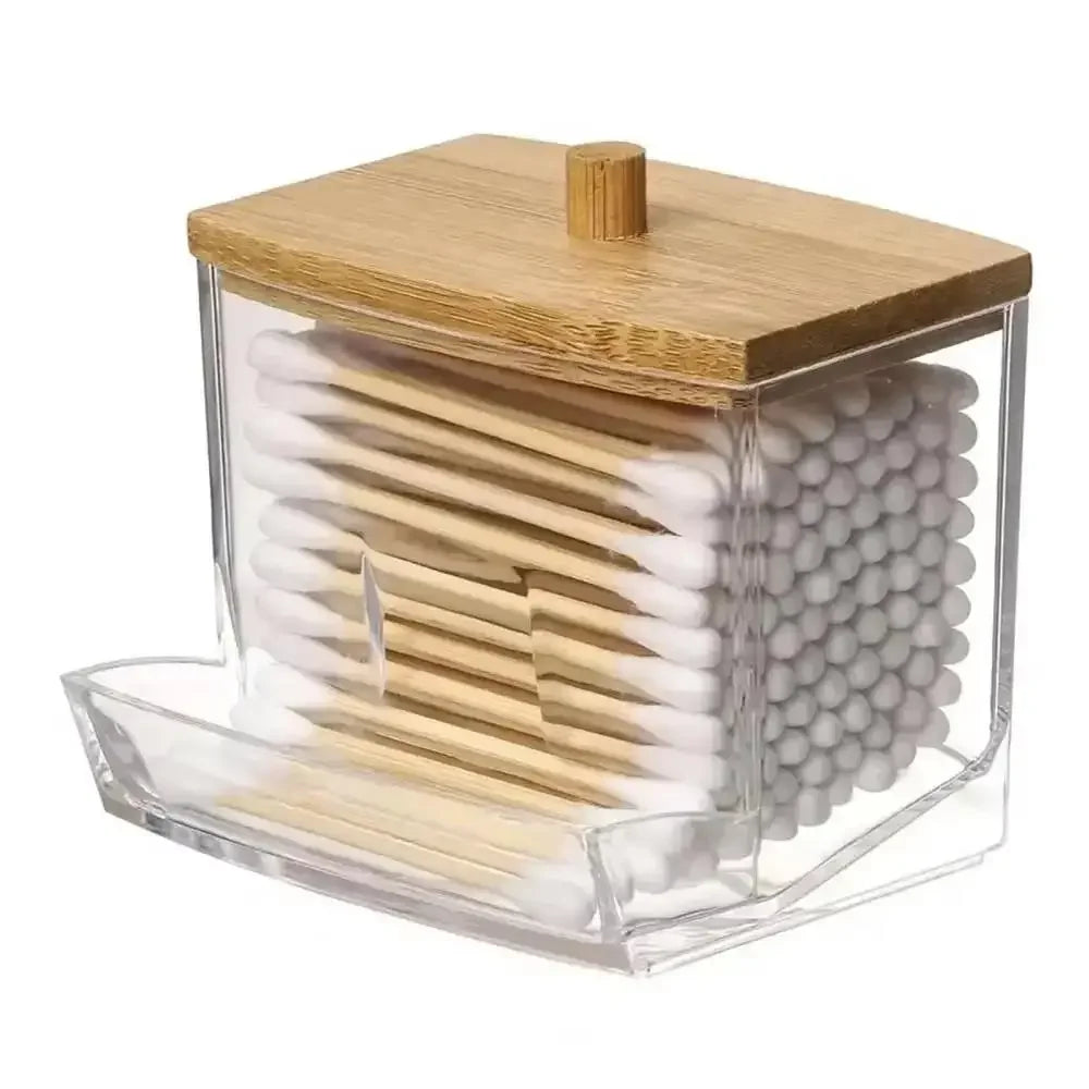 Storage Box and Jar Organizer, Cotton Balls, Cotton Round Pad Holder, Q-tip Dispenser with Bamboo Lid