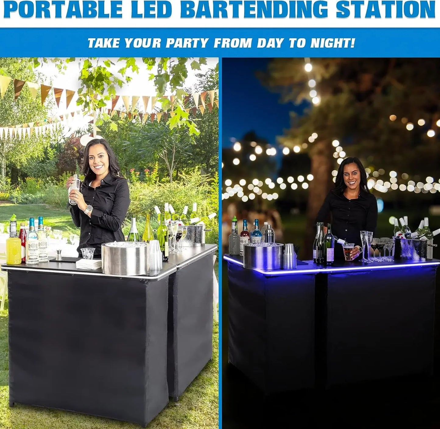 Portable Double Bar Table Set with LED Lights | Mobile Bartender Station & Carrying Case