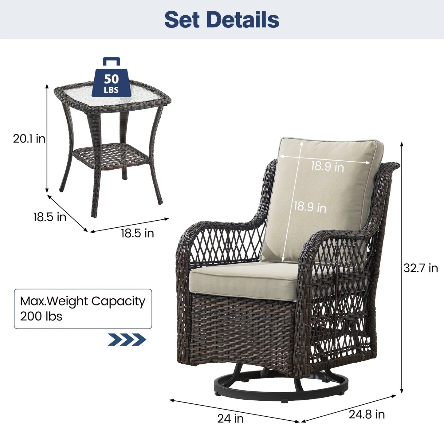 3‑Piece Outdoor Swivel‑Glider Rocking Chair Set – Cushioned Chairs & Glass‑Top Side Table