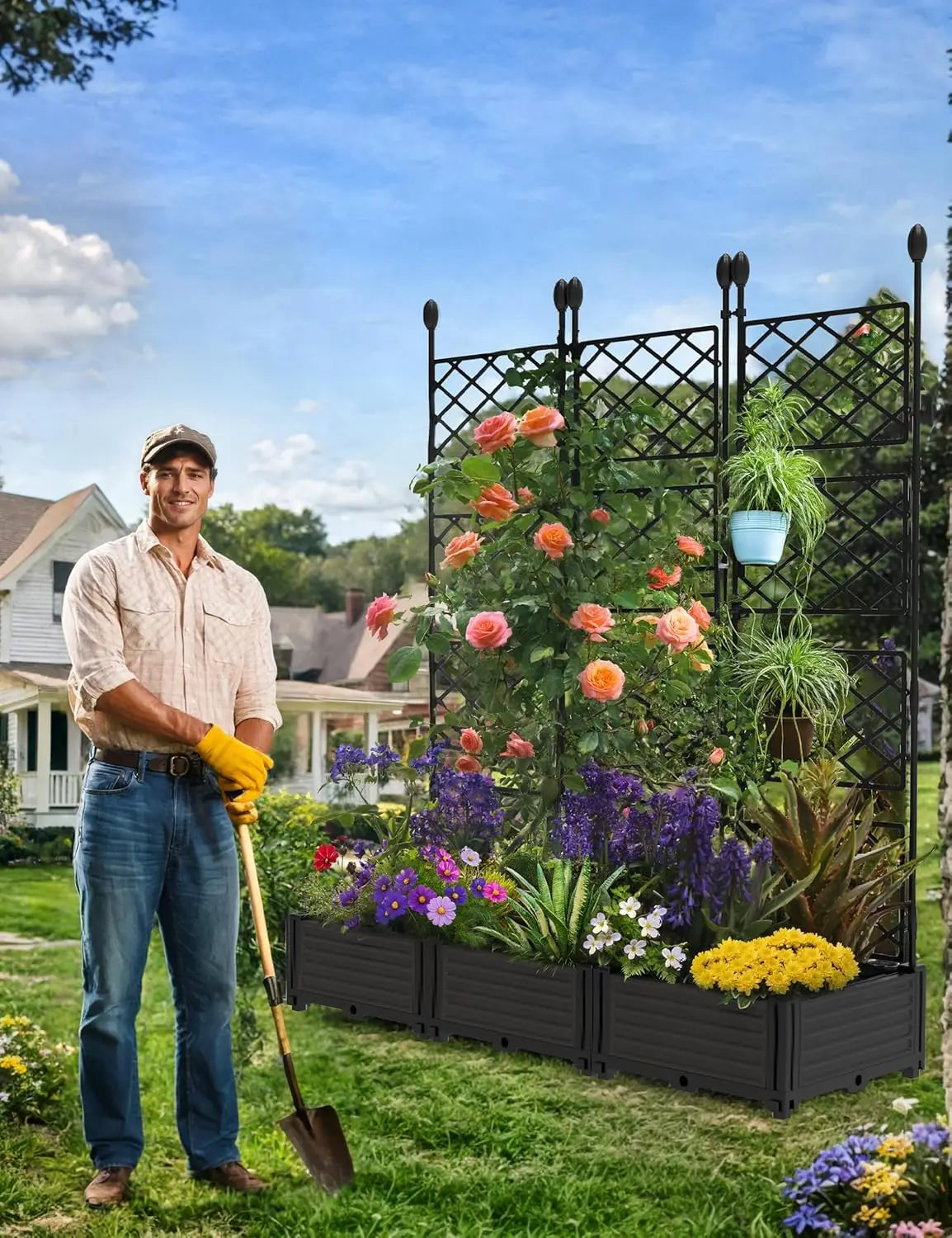 3‑Piece Outdoor Raised Planter Box Set with Trellis – Vertical Garden Beds for Vegetables & Flowers