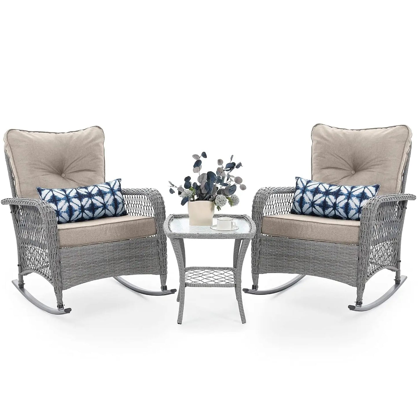 3‑Piece Outdoor Wicker Rocking Set – 4" Thick Cushions & Side Table for Porch, Balcony & Poolside