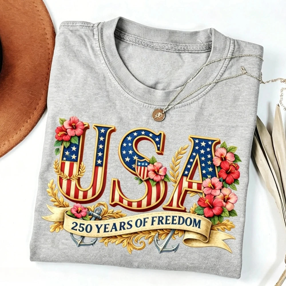 USA 250th Freedom - Women Crewneck Cotton Short Sleeve T Shirt