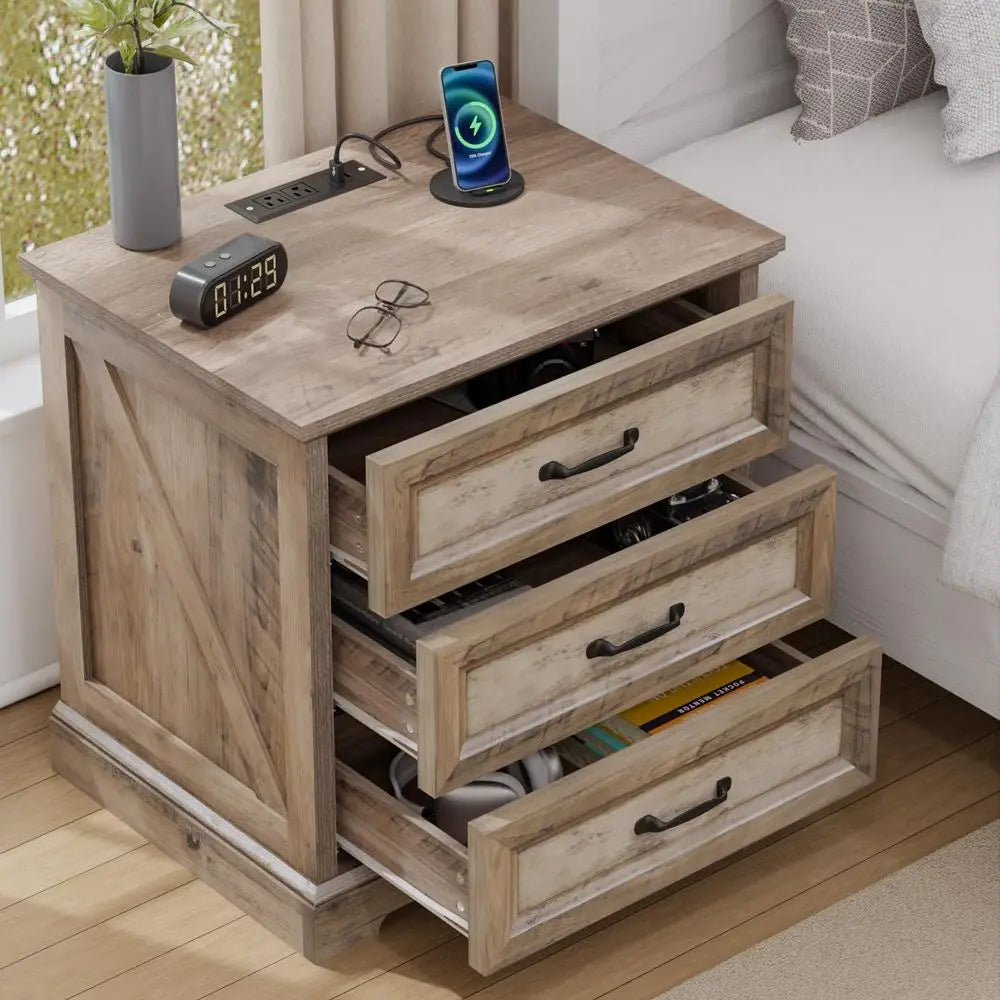 24" Farmhouse Nightstand with Charging Station – Bedside Table with 3 Drawers, AC Outlets & USB Ports