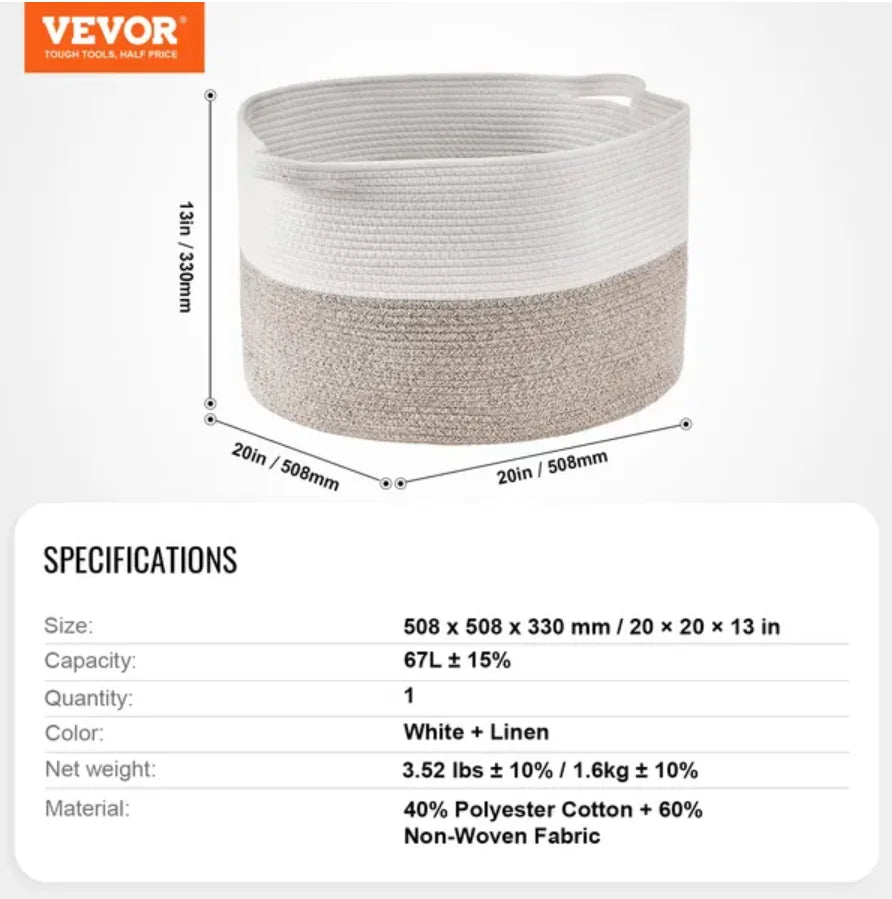 Cotton Rope Storage Basket - Woven Blanket Basket 20 x 20 x 13 in