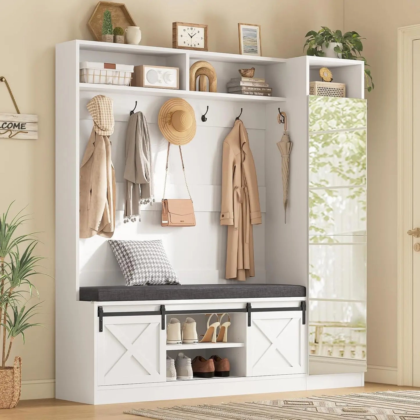 Entryway Bench and Shoe Storage,  Coat Rack with Tall Mirror, Farm House Barn Door 4-in-1 Hall Tree, Customized