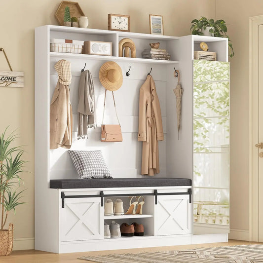 Entryway Bench and Shoe Storage,  Coat Rack with Tall Mirror, Farm House Barn Door 4-in-1 Hall Tree, Customized