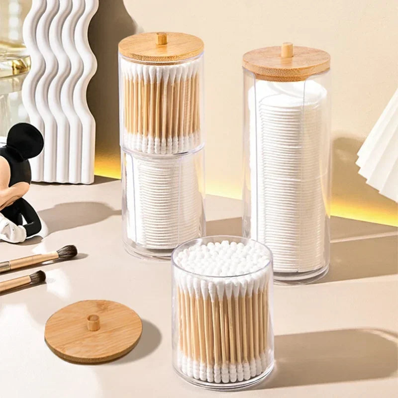 Storage Box and Jar Organizer, Cotton Balls, Cotton Round Pad Holder, Q-tip Dispenser with Bamboo Lid