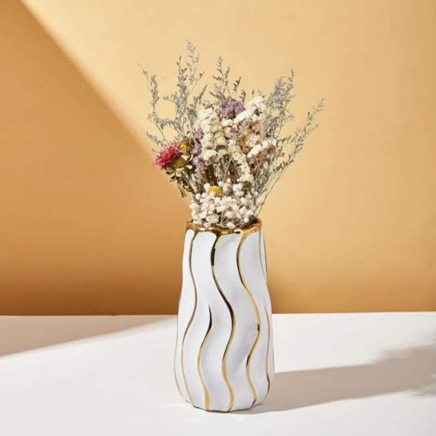 White Ceramic Vase – Vertical Stripe Decorative Flower Vase for Home, Bedroom, Office & Living Room Décor