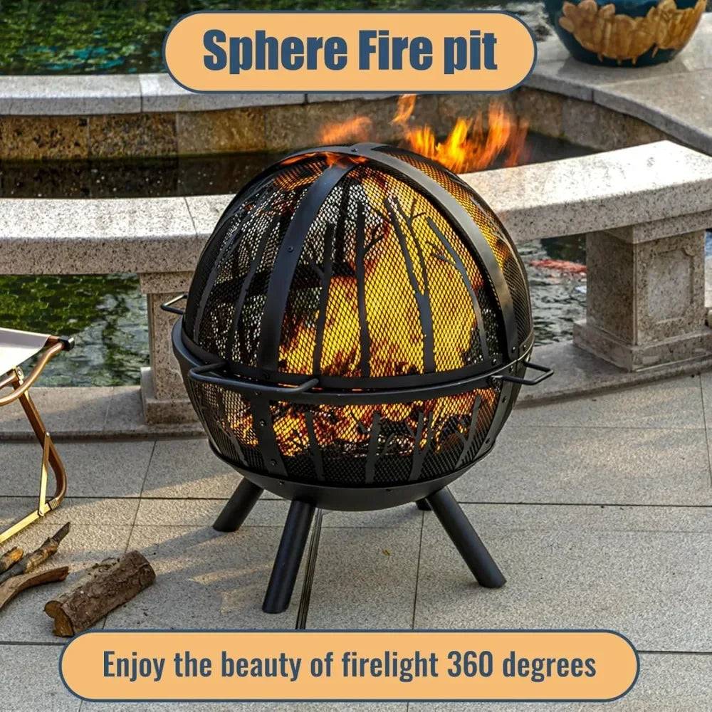 35" Wood Burning Fire Pit with BBQ Grill, Heavy Duty Fire Pit Ball for Outside with Spark Screen