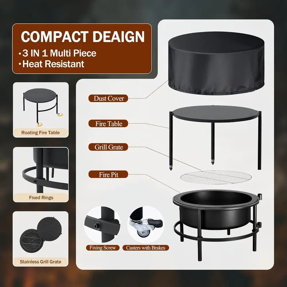 52" Fire Pits for Outside Wood Burning with Roating Table and BBQ Grill