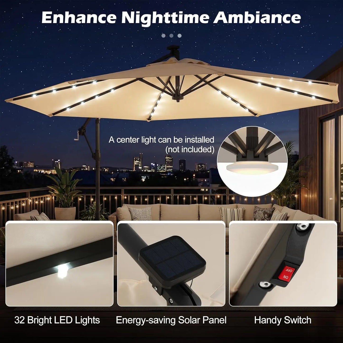 10FT Solar Cantilever Patio Umbrella with Base – Offset Umbrella with 32 LED Lights & Infinite Tilt