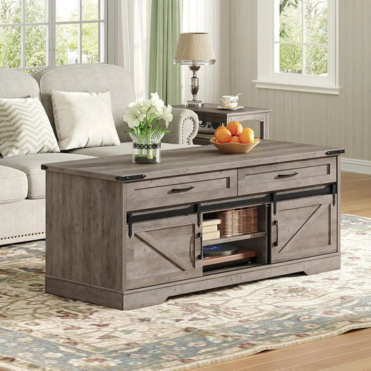 47" Farmhouse Coffee Table with 2 Drawers and Sliding Barn Doors for Storage