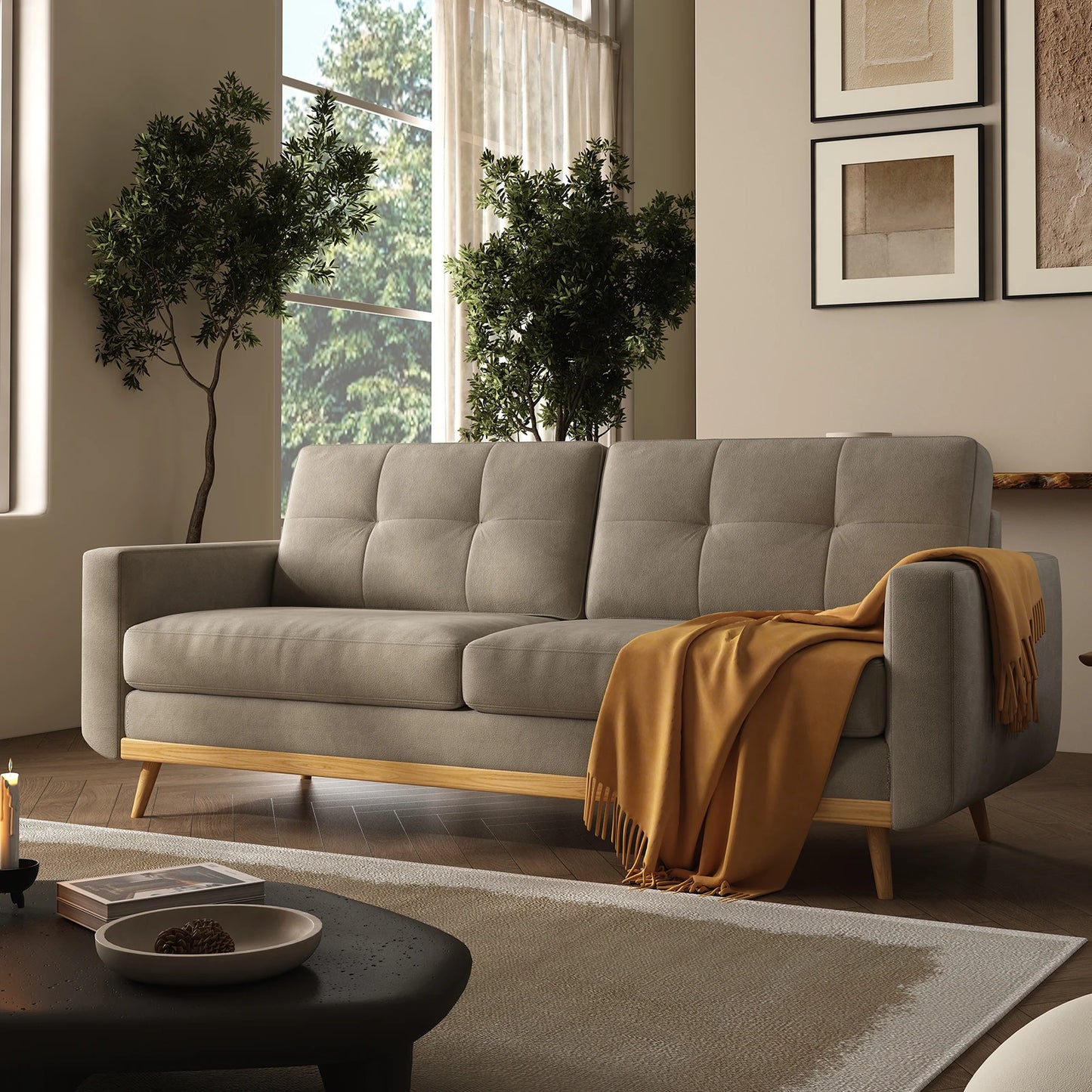 67-inch Retro Sofa with Wooden Legs