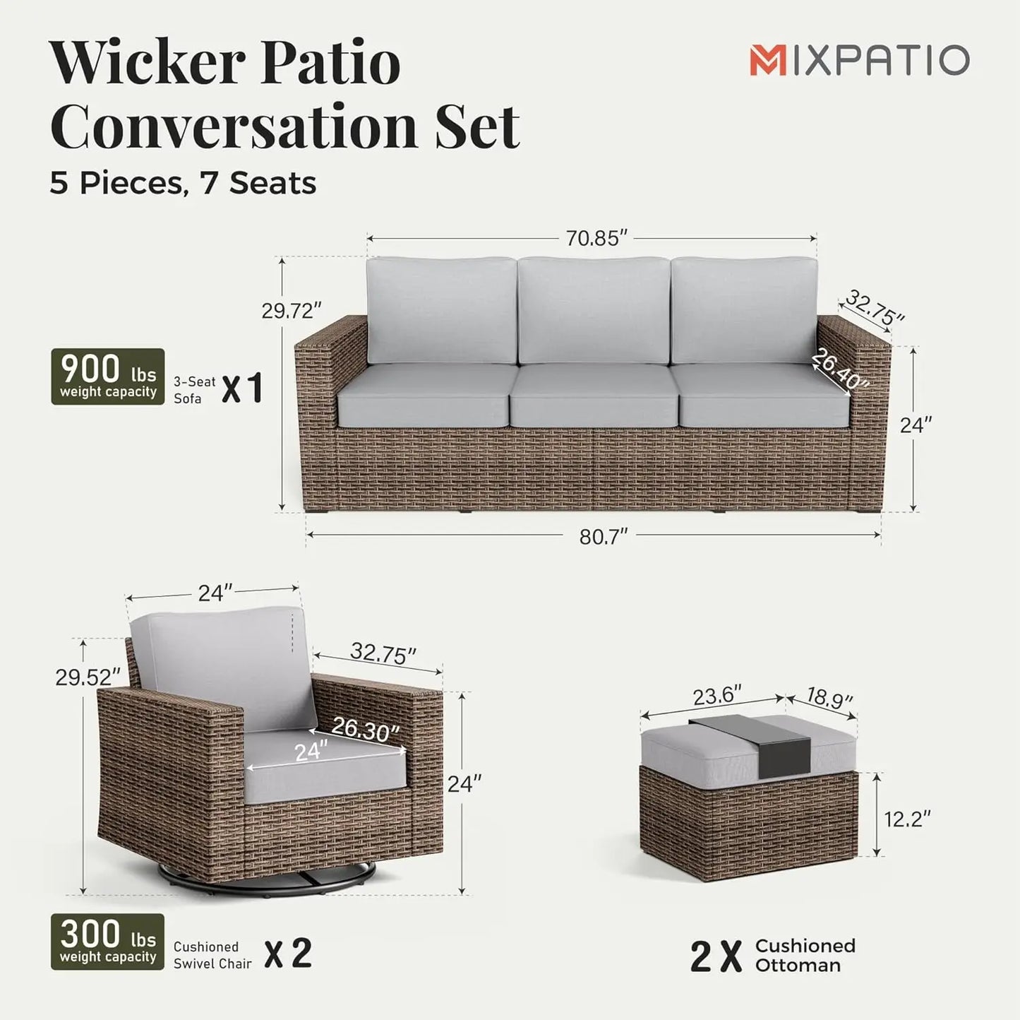 5 Piece Patio Furniture Set - Wicker Rattan with Swivel Chairs and Ottoman