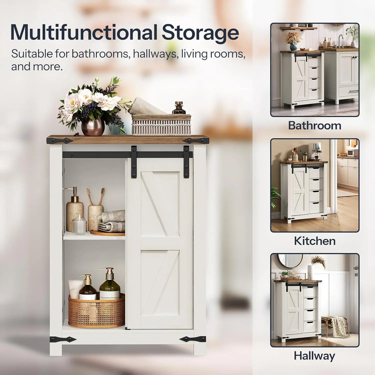 Storage Cabinet, Farmhouse with Sliding Barn Door, Adjustable Shelf and 4 Drawers, 11.8" D x 23.6"
