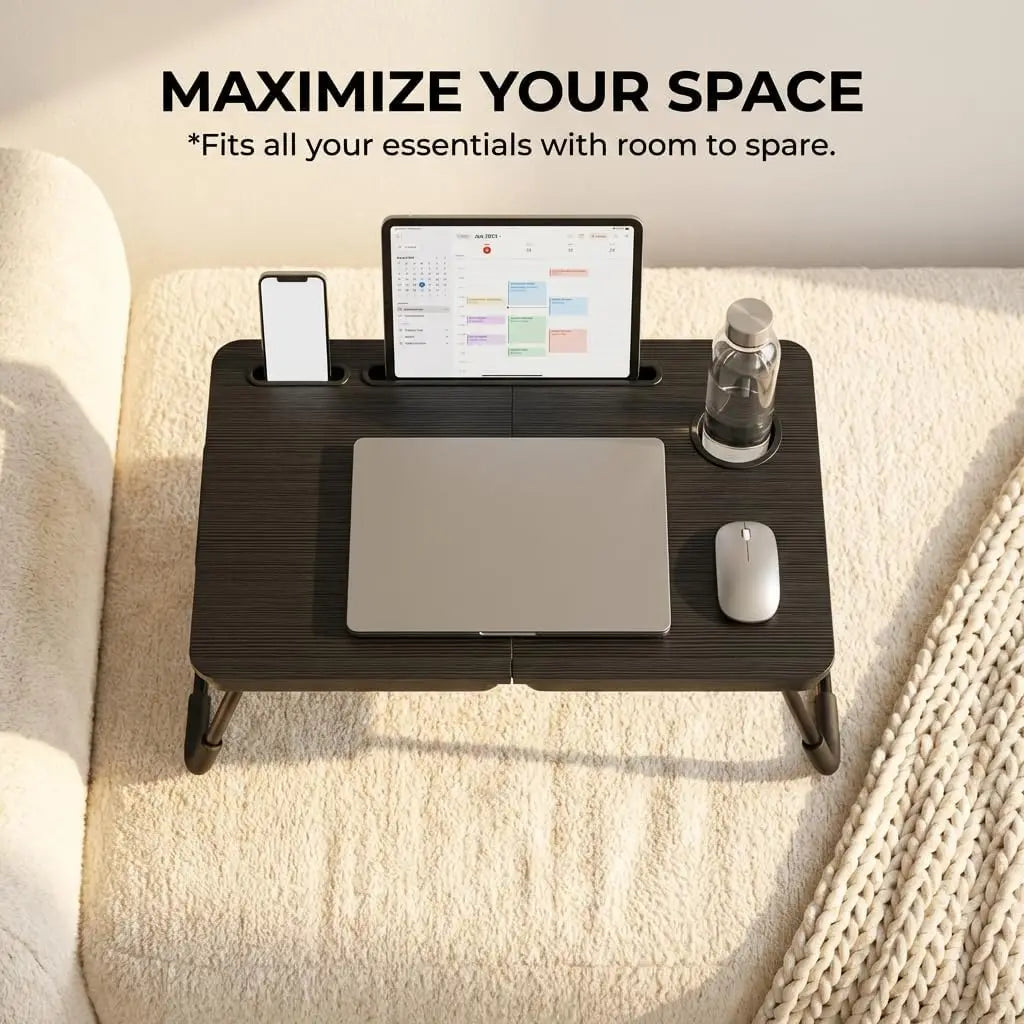 Large Foldable Laptop Tray – Bed/Sofa Desk with Cup Holder & Tablet Slot for Eating, Writing & Studying