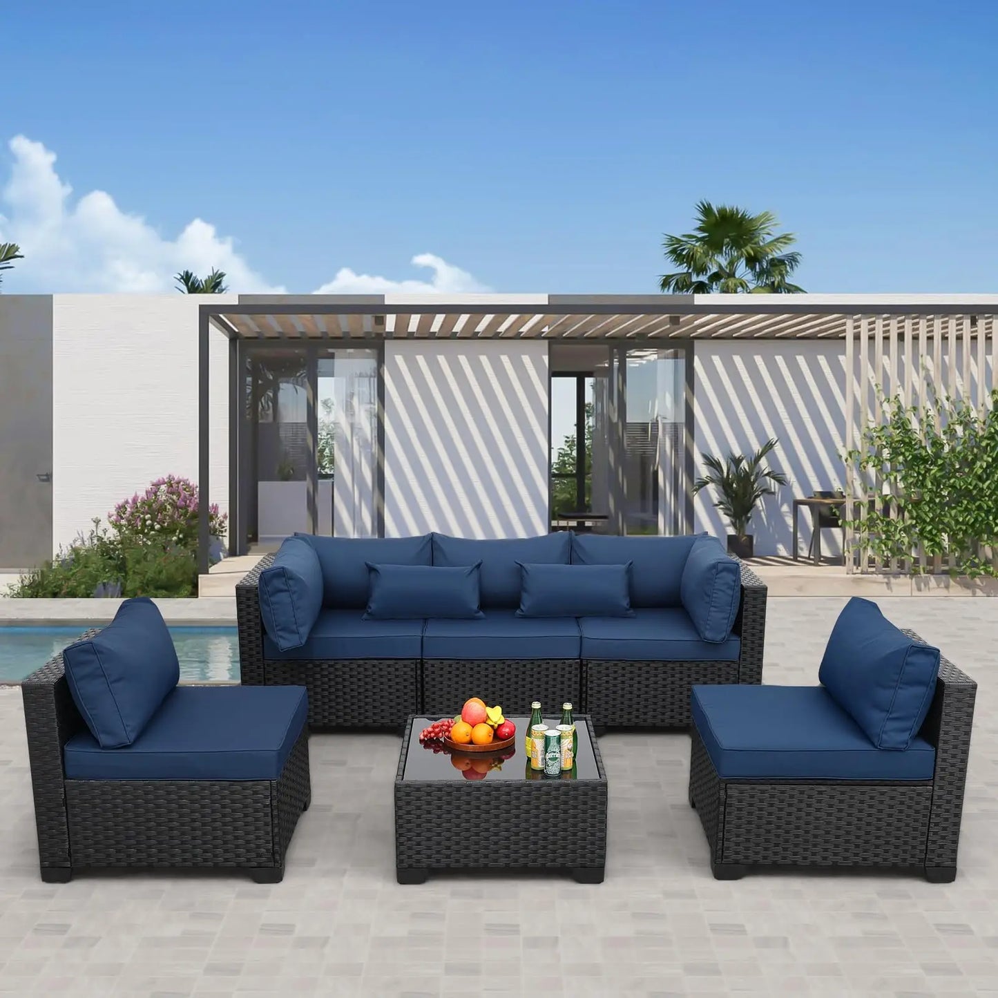 6‑Piece All‑Weather Rattan Patio Sectional – Wicker Outdoor Furniture Set with Cushions, Glass Table & Protective Cover
