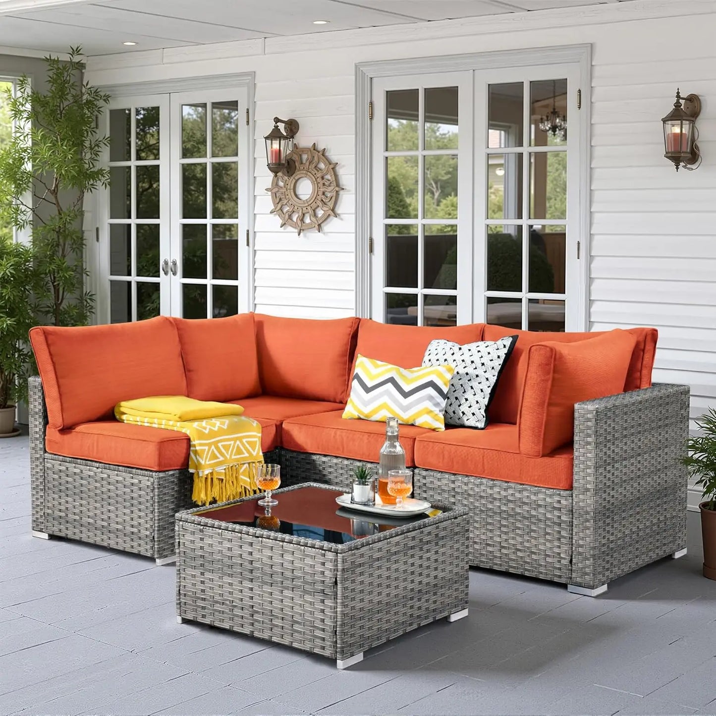 5 PCS Outdoor Patio Furniture Sets, Wicker - Weather Resistant