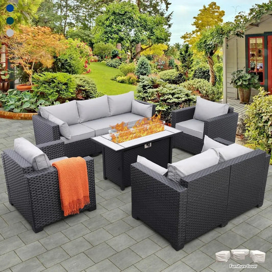 Patio Furniture Set with 45" Fire Pit, Patio Couch, Outdoor Chairs, 60000 BTU