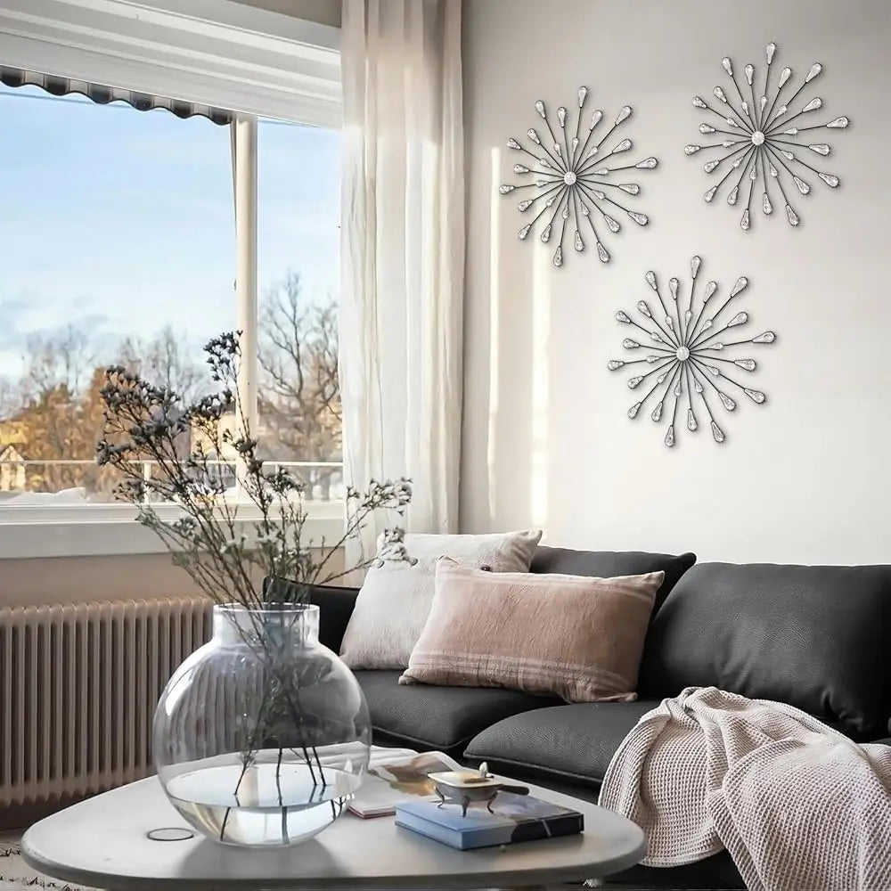 Crystal Home Décor Rhinestone Sun Star Wall Hanging Diamond Accents 18x18. 3 Set Metal Jeweled Wall Art Bling