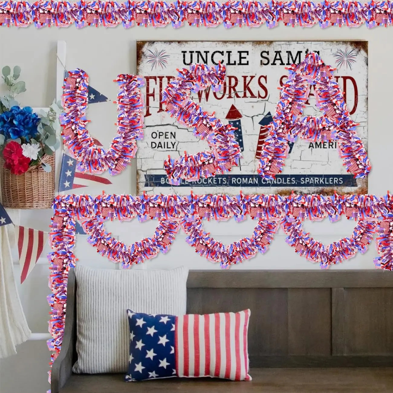 50FT Patriotic Tinsel Garland – Red, White & Blue 4th of July Decoration for Indoor & Outdoor Use