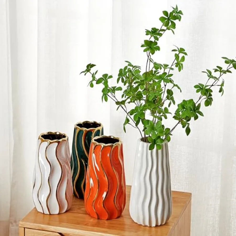 White Ceramic Vase – Vertical Stripe Decorative Flower Vase for Home, Bedroom, Office & Living Room Décor