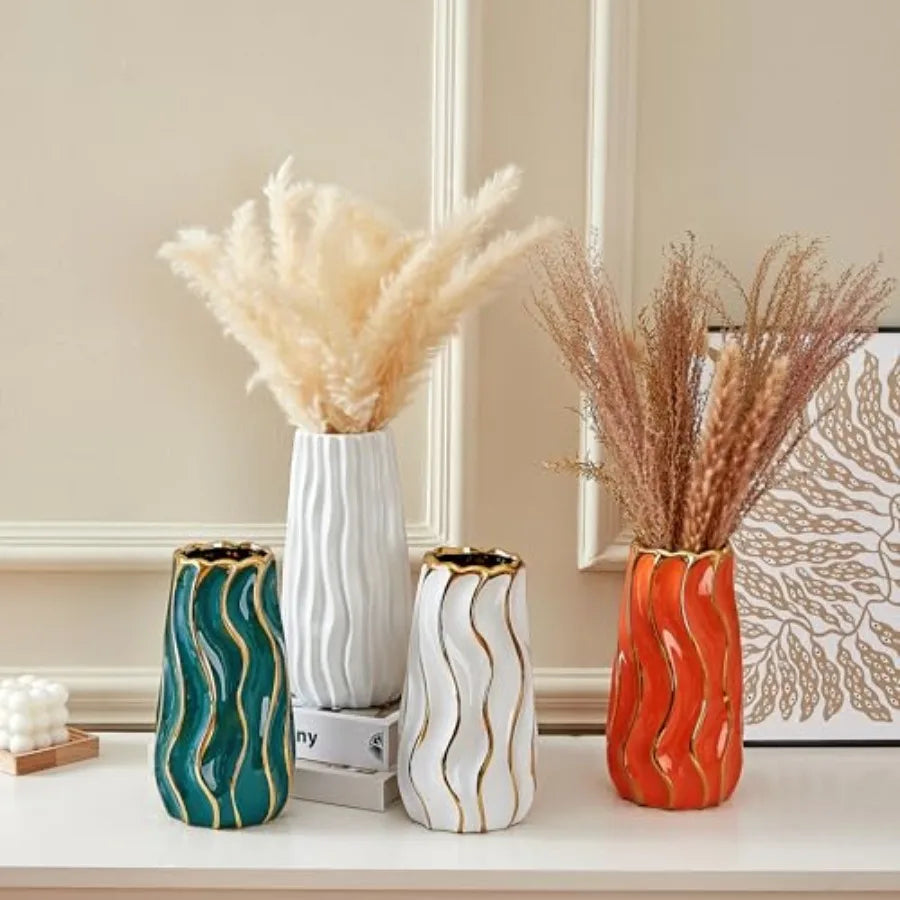 White Ceramic Vase – Vertical Stripe Decorative Flower Vase for Home, Bedroom, Office & Living Room Décor