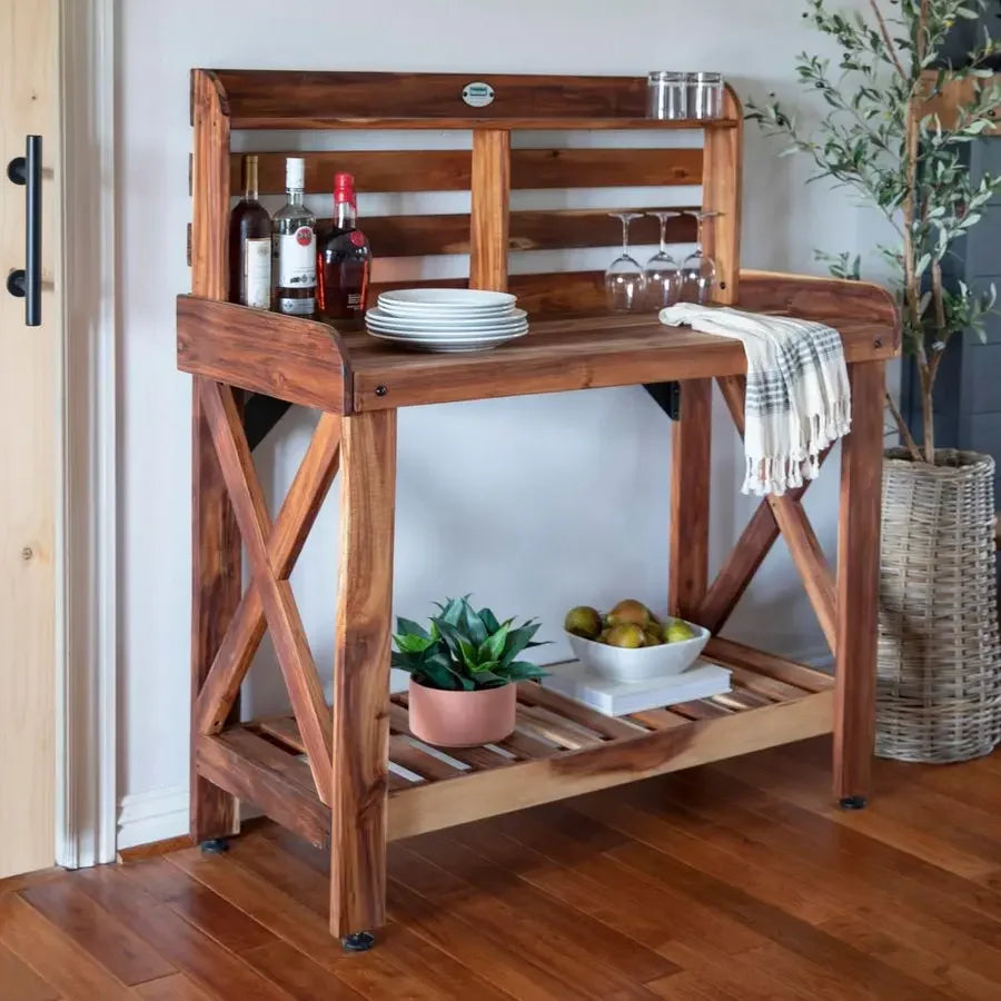 Acacia Wood Garden Potting Bench with Lower Storage Shelf