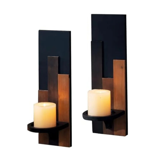 Wood Rustic Candle Sconces Set of 2 Wall-Mounted Pillar Candle Holders