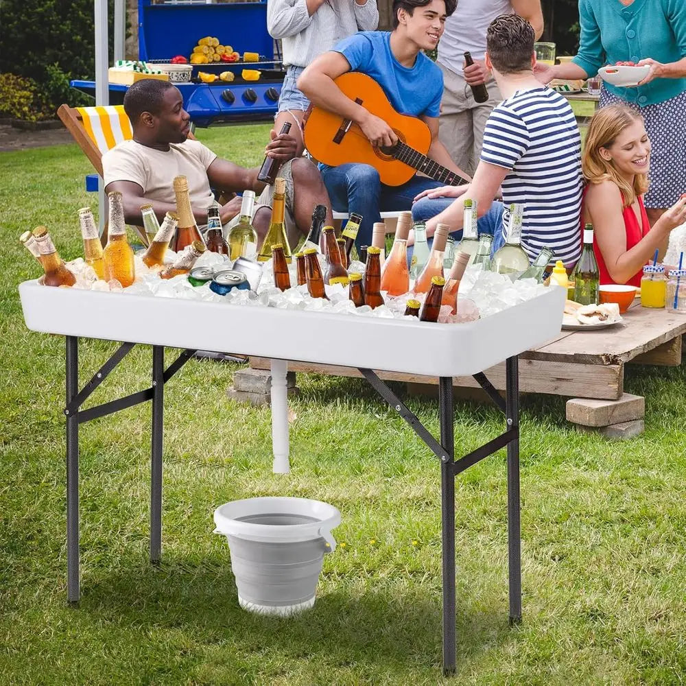 Portable Folding Ice Cooler Table – White Drink Station with Drain, Bucket & Removable Skirt for Parties & Camping