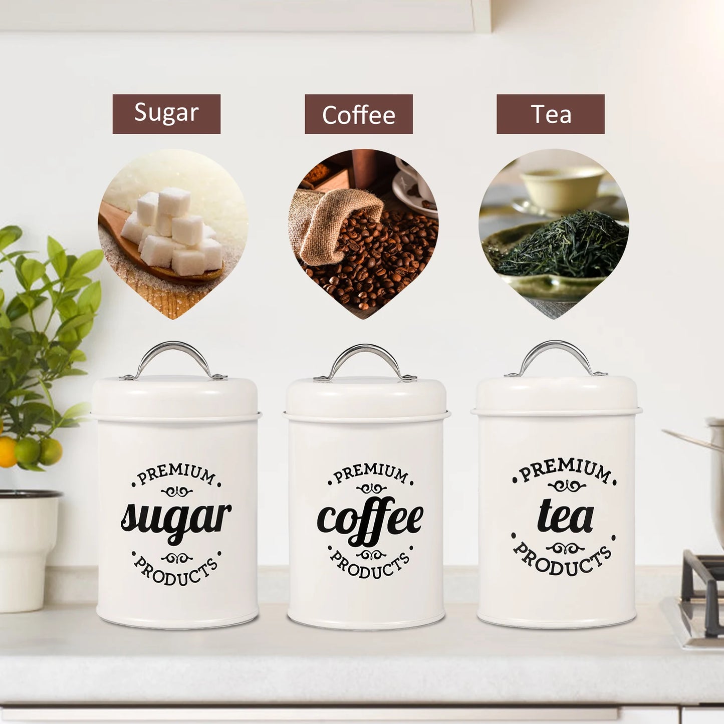 3Pcs Coffee Bean Organizer - Tea, Coffee, and Sugar Canisters Set with Lid