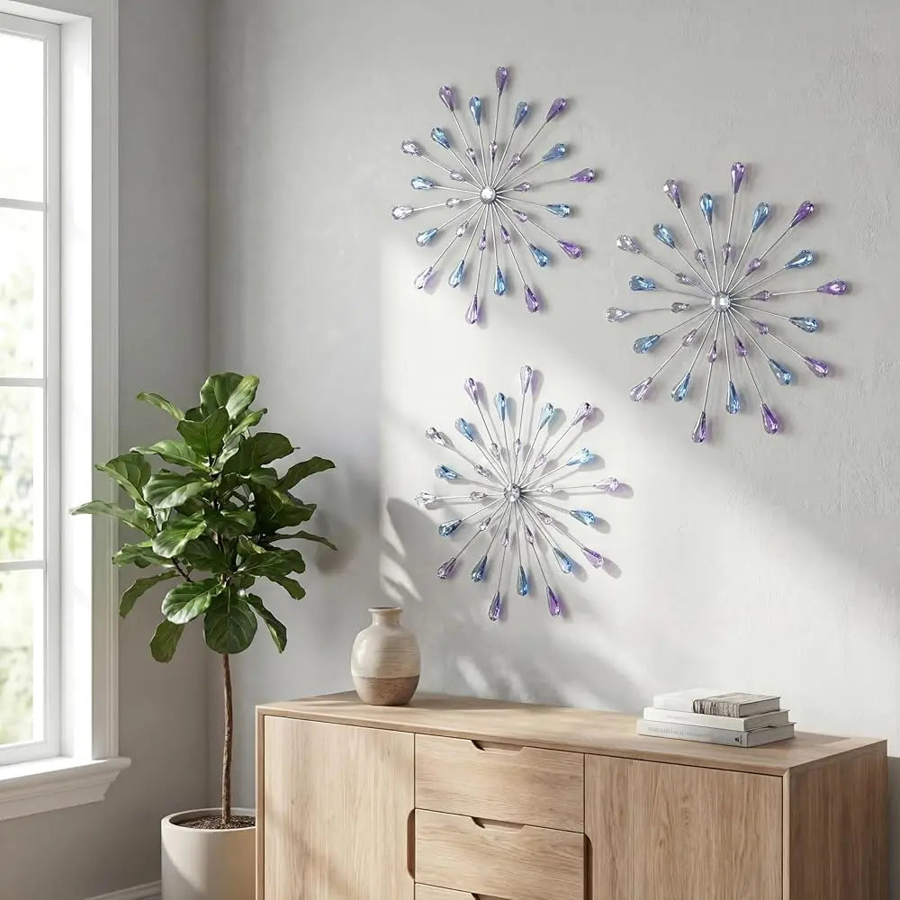Crystal Home Décor Rhinestone Sun Star Wall Hanging Diamond Accents 18x18. 3 Set Metal Jeweled Wall Art Bling