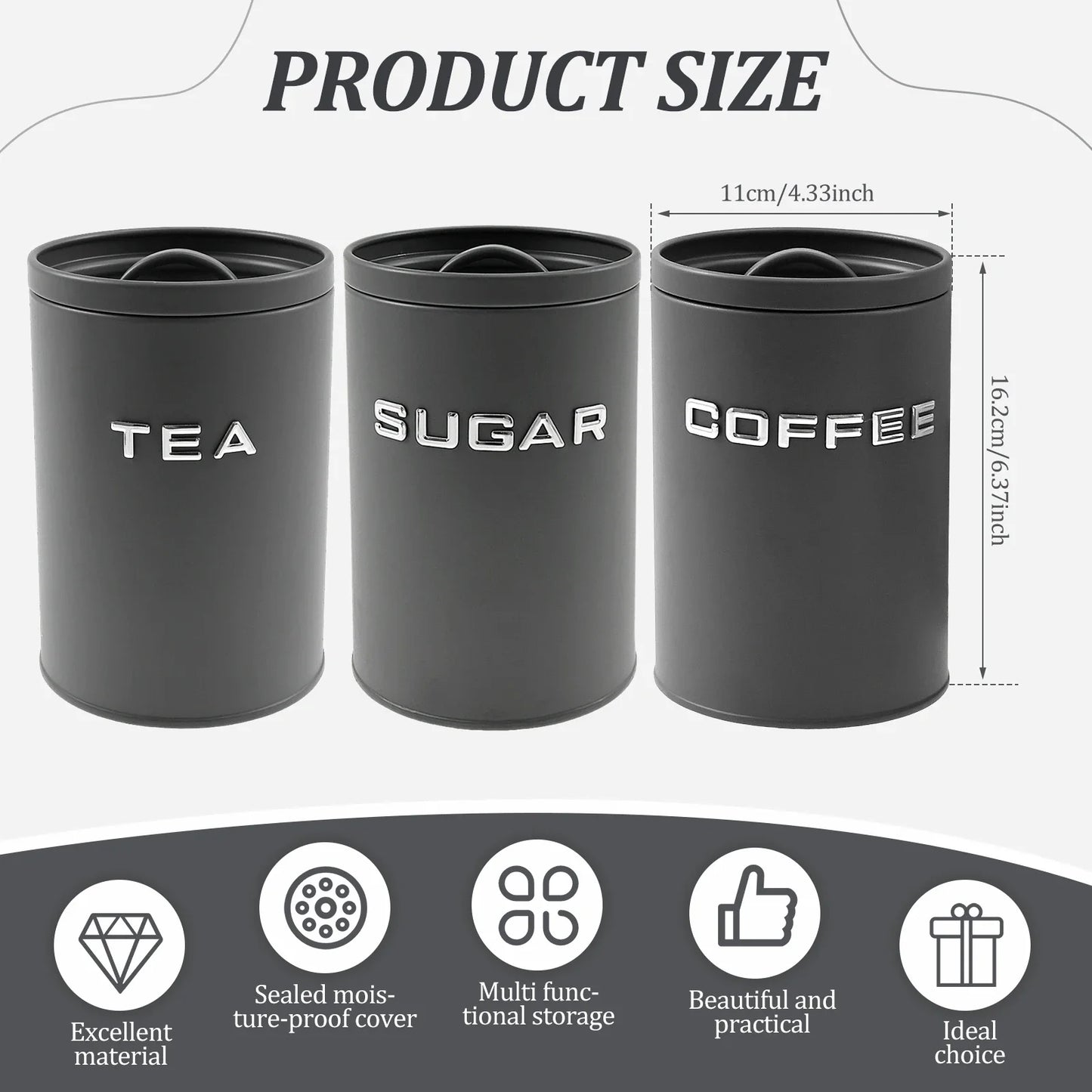 3‑Piece Tea, Coffee & Sugar Canister Set – Airtight Metal Kitchen Containers with Lids