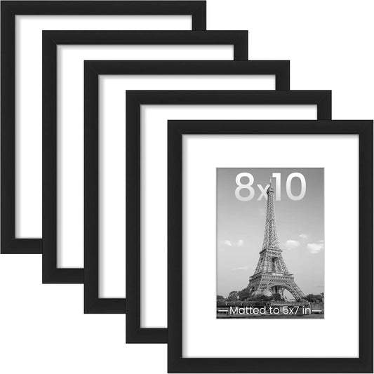 Set of 5 Black Picture Frames – 8×10 Display or 5×7 with Mat