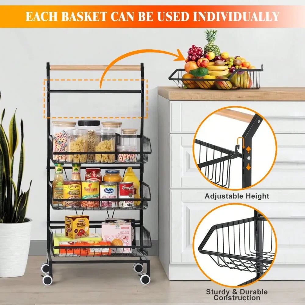 4‑Tier Utility Rolling Storage Cart – Kitchen Pantry Organizer with Solid Wood Handle & 360° Wheels