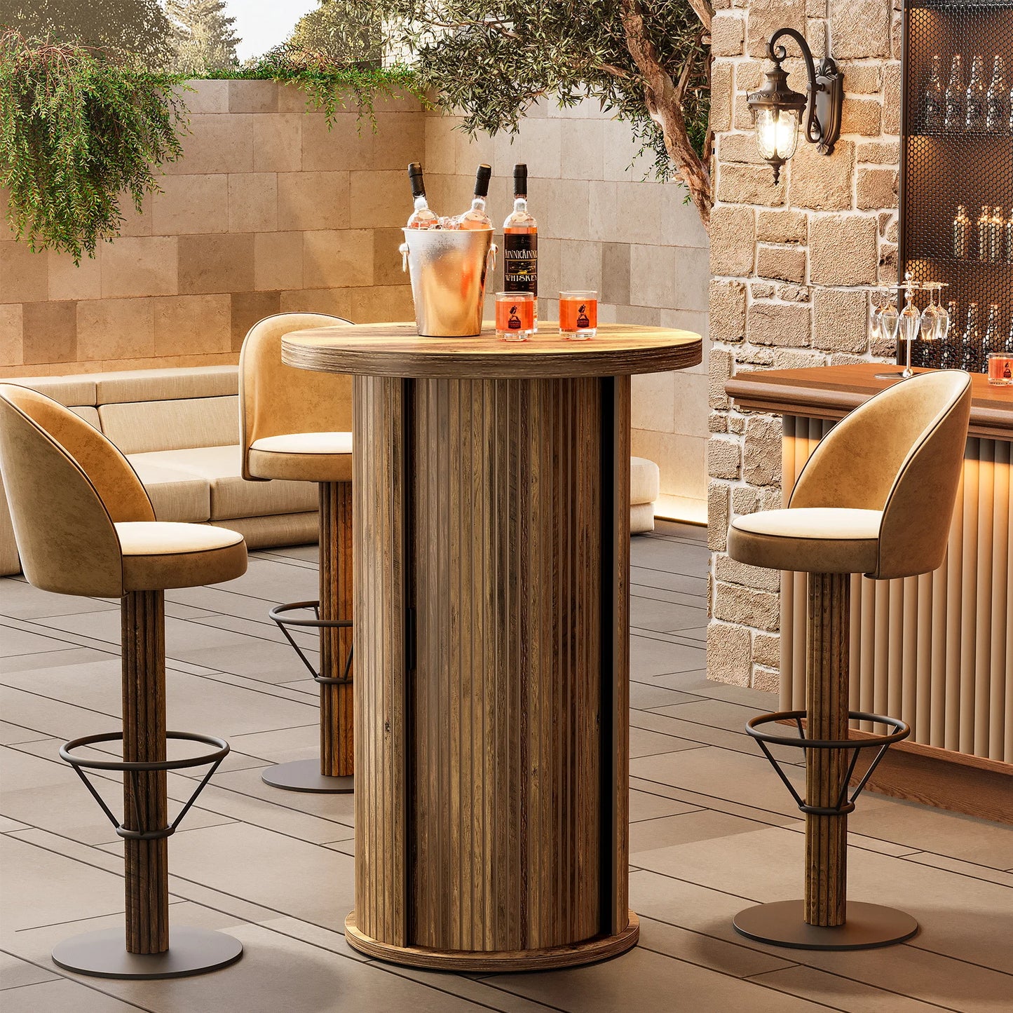 Round Pub Table, Rustic Cocktail Table with 3-Tier Hidden Storage Shelves