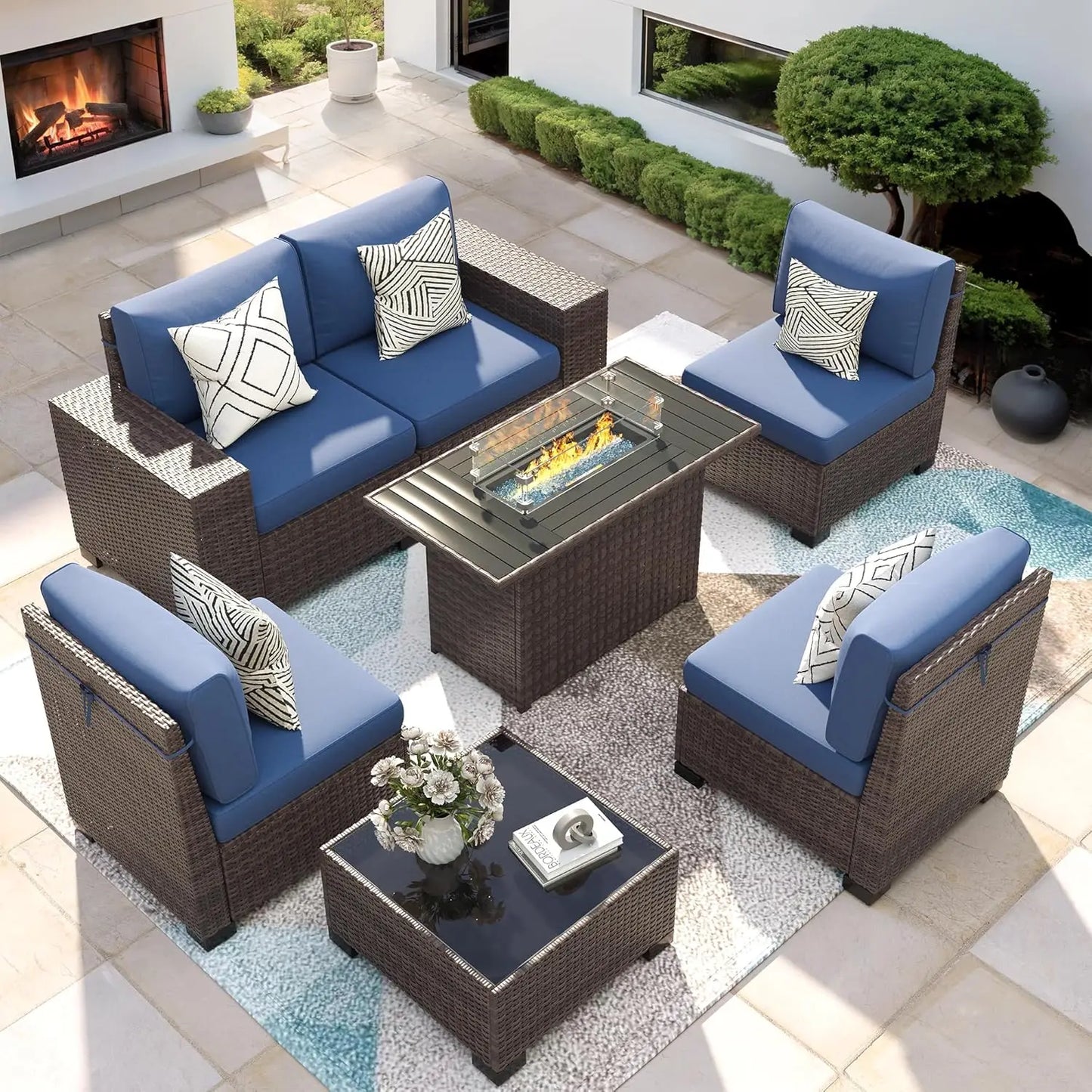 7 Piece Patio Furniture Set With Fire Pit Table, Outdoor , Wicker Rattan