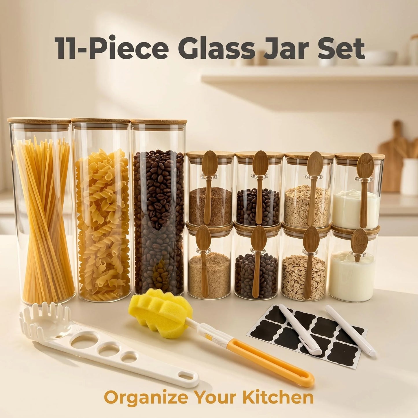 11-Piece Glass Food Storage Jar Set with Bamboo Lids & Spoons