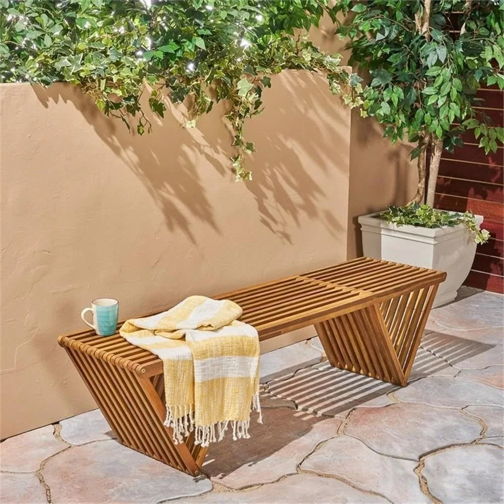 Outdoor Acacia Wood Bench, Teak Finish Brown, 17.75"D x 63"W x 16.5"H