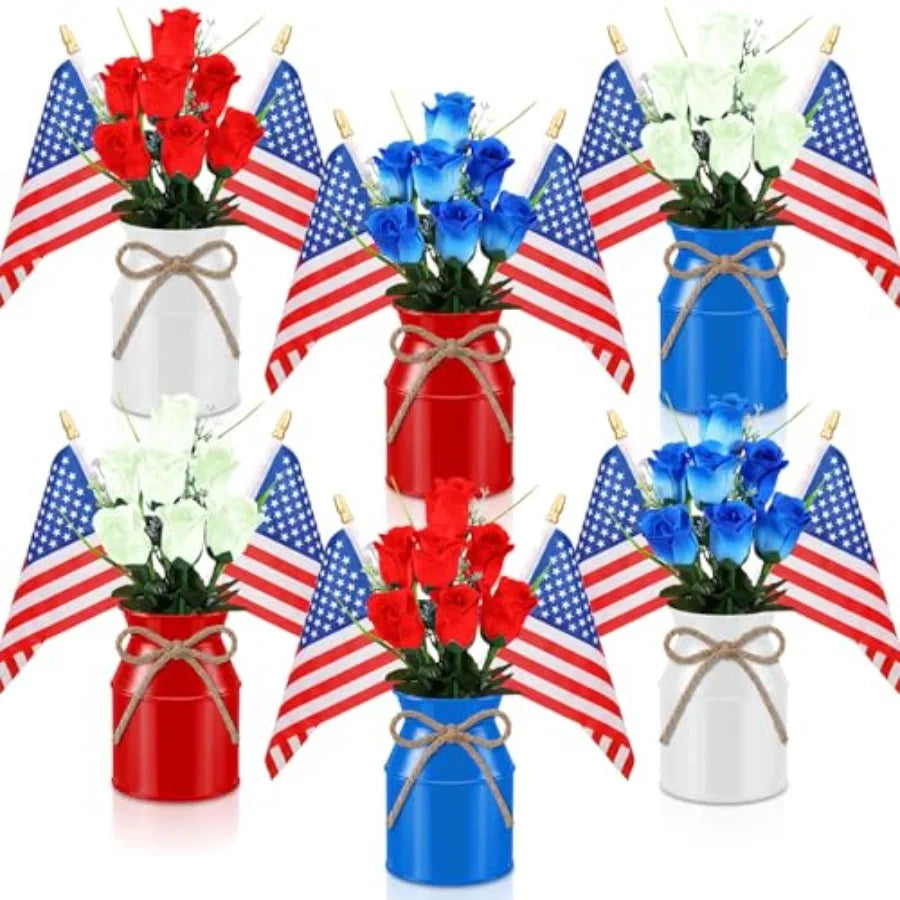 6‑Pack Patriotic Table Centerpieces – 4th of July Artificial Floral Arrangements with Metal Jars & American Flags