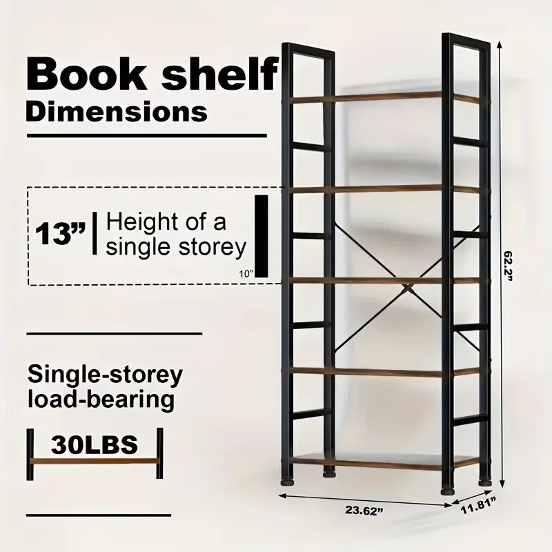 5-Tier Industrial Black Freestanding Bookcase & Shelving Rack | Sturdy Multi-Purpose Organizer for Garage, Home, Office, Living