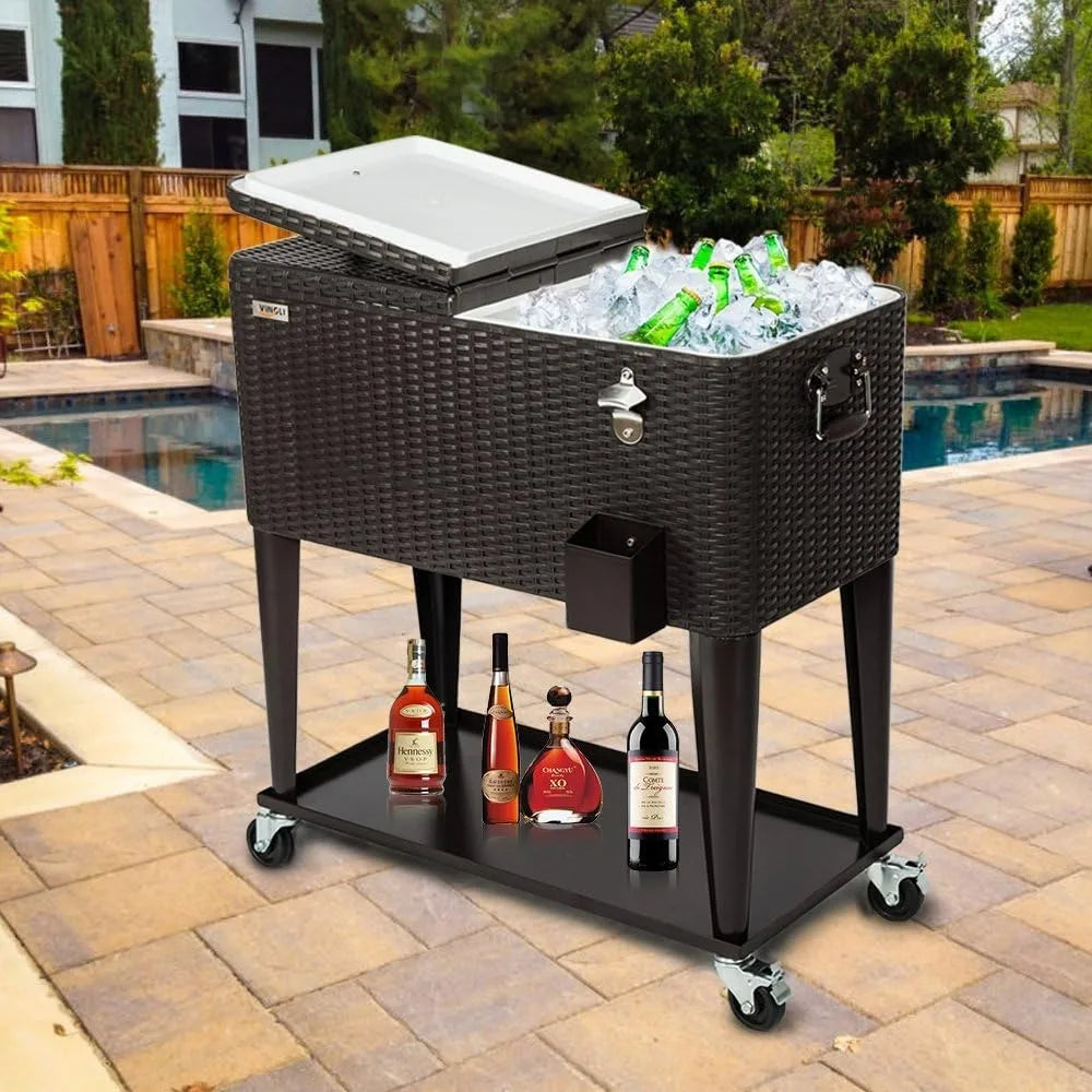 80QT Rolling Ice Chest – Portable Patio Party Cooler Cart with Shelf & Bottle Opener, Brown