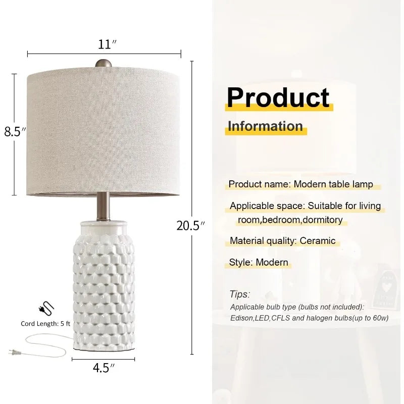 Modern White Ceramic Table Lamps (Set of 2) – 20.5" Bedside Lamps with Linen Shades
