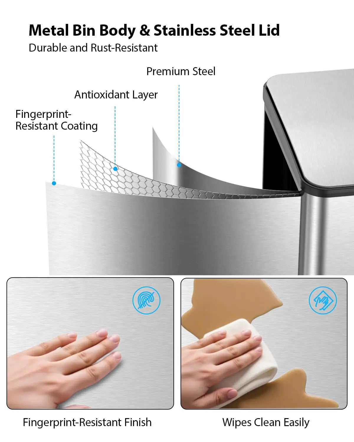 Kitchen Trash Can - Stainless Steel Trash and Recycle Bin Combo with Soft-Close Lid, Dual